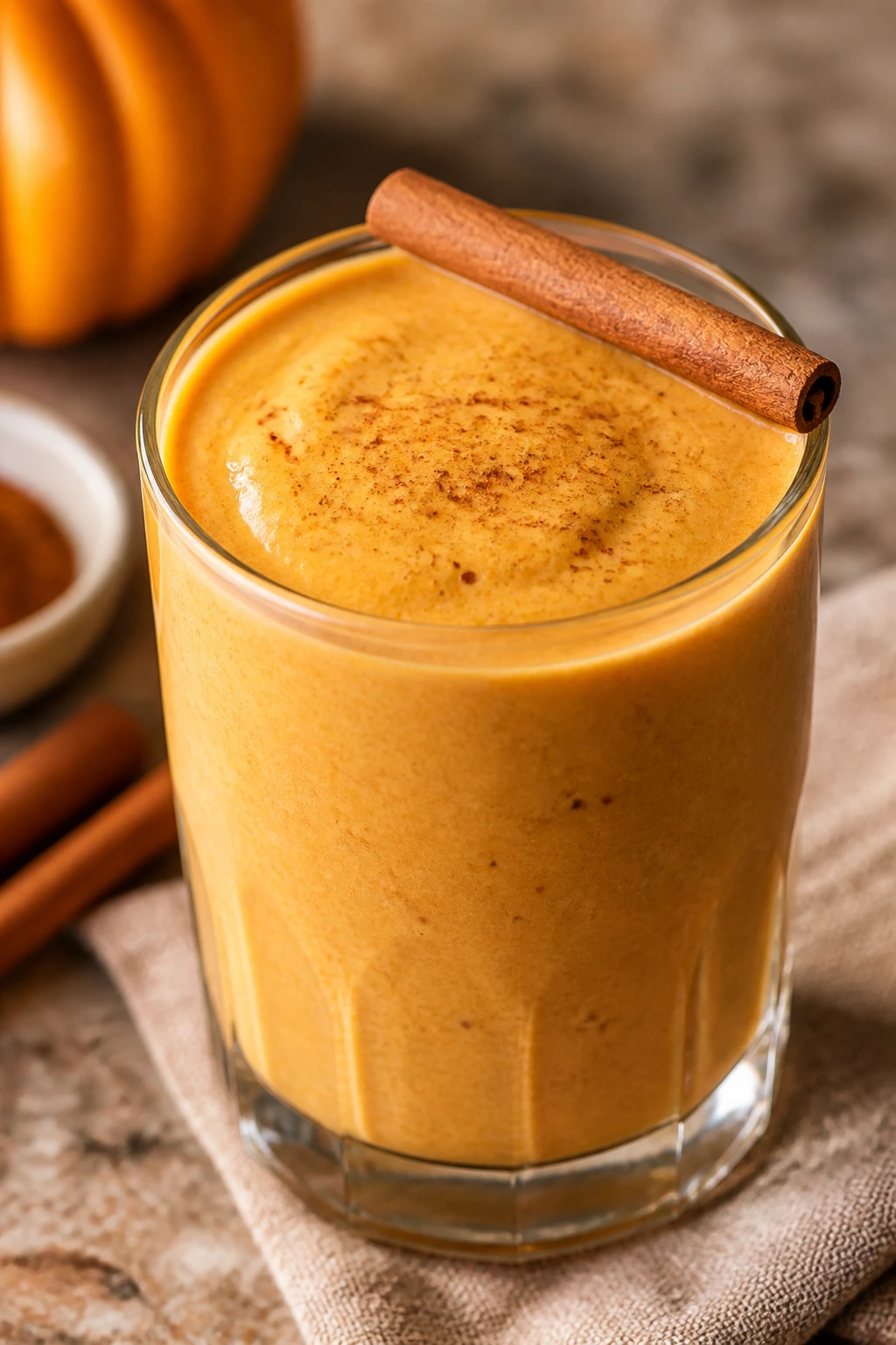 Close-up of pumpkin pie smoothie in glass with cinnamon on top
