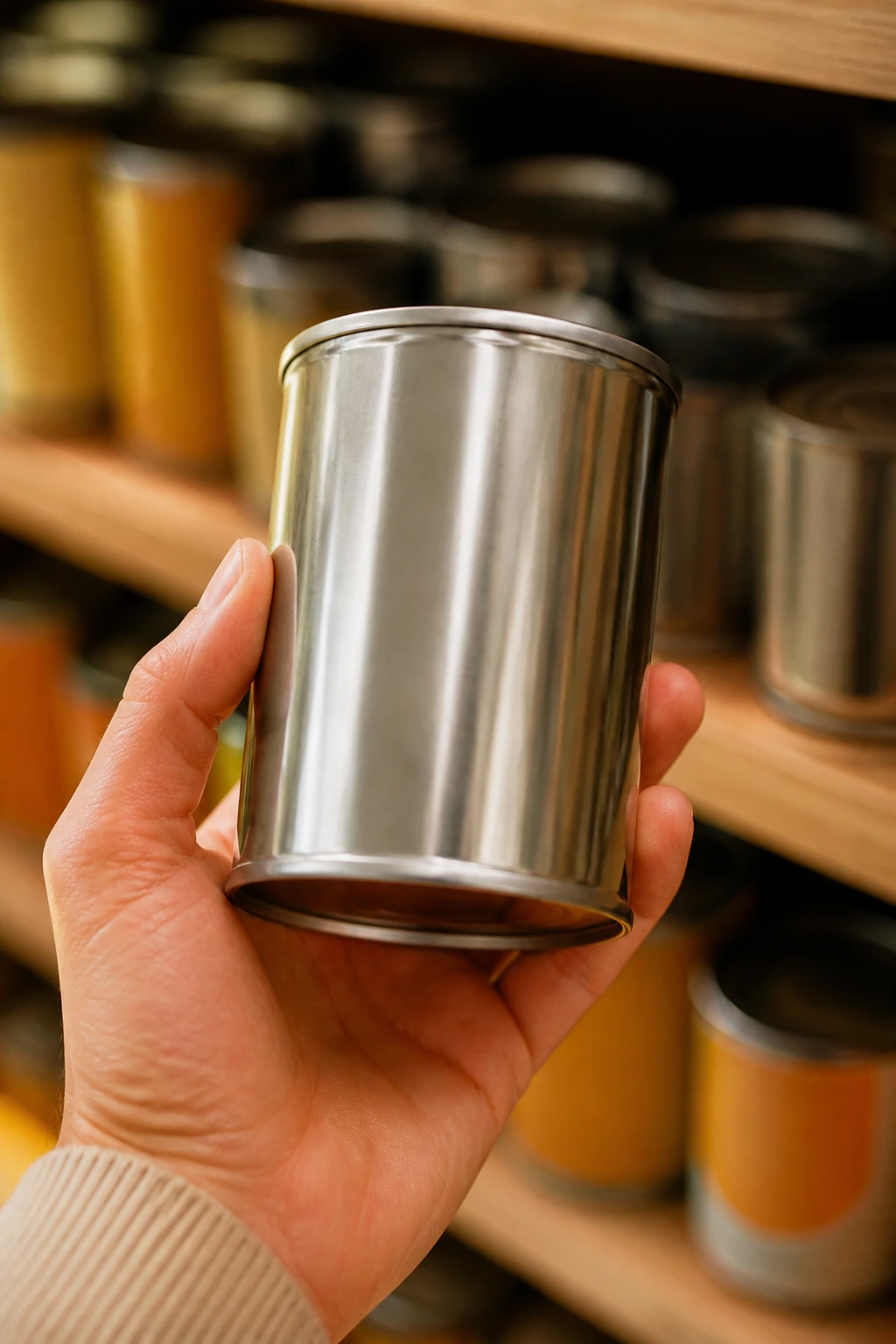 Close-up of a hand selecting an unlabeled can of pumpkin puree in a grocery store setting