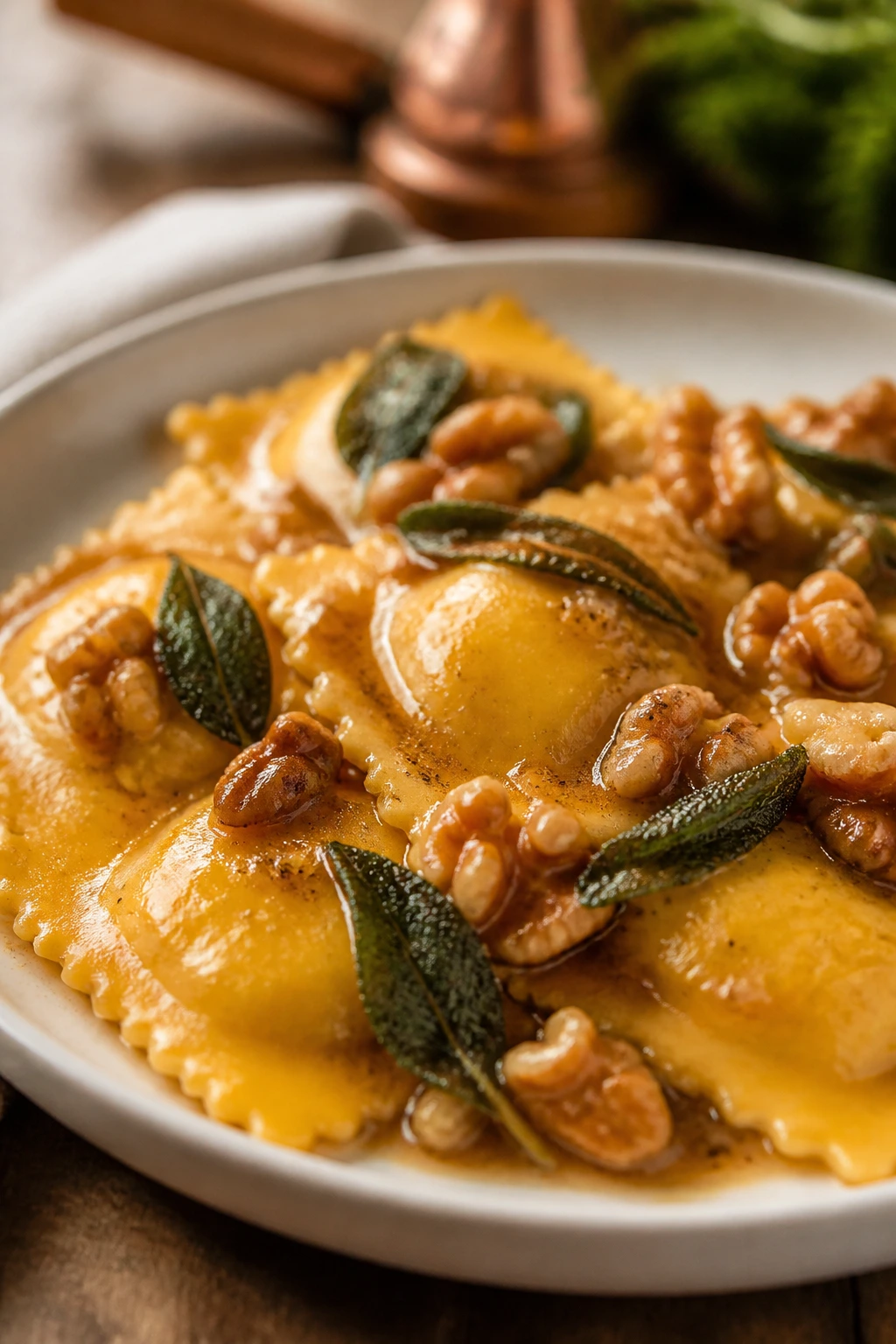 Close-up of pumpkin ravioli with sage butter and walnuts on a plate