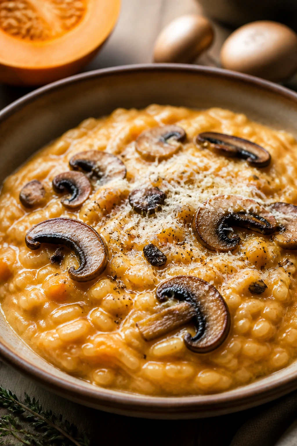 Creamy pumpkin risotto with mushrooms and parmesan in a rustic bowl