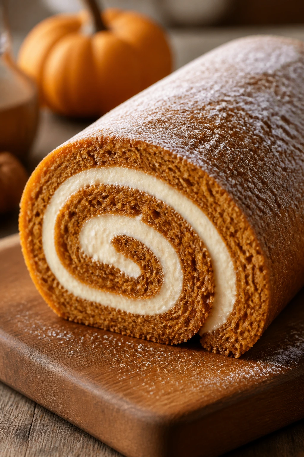 Close-up slice of pumpkin roll with cream cheese filling on wooden board