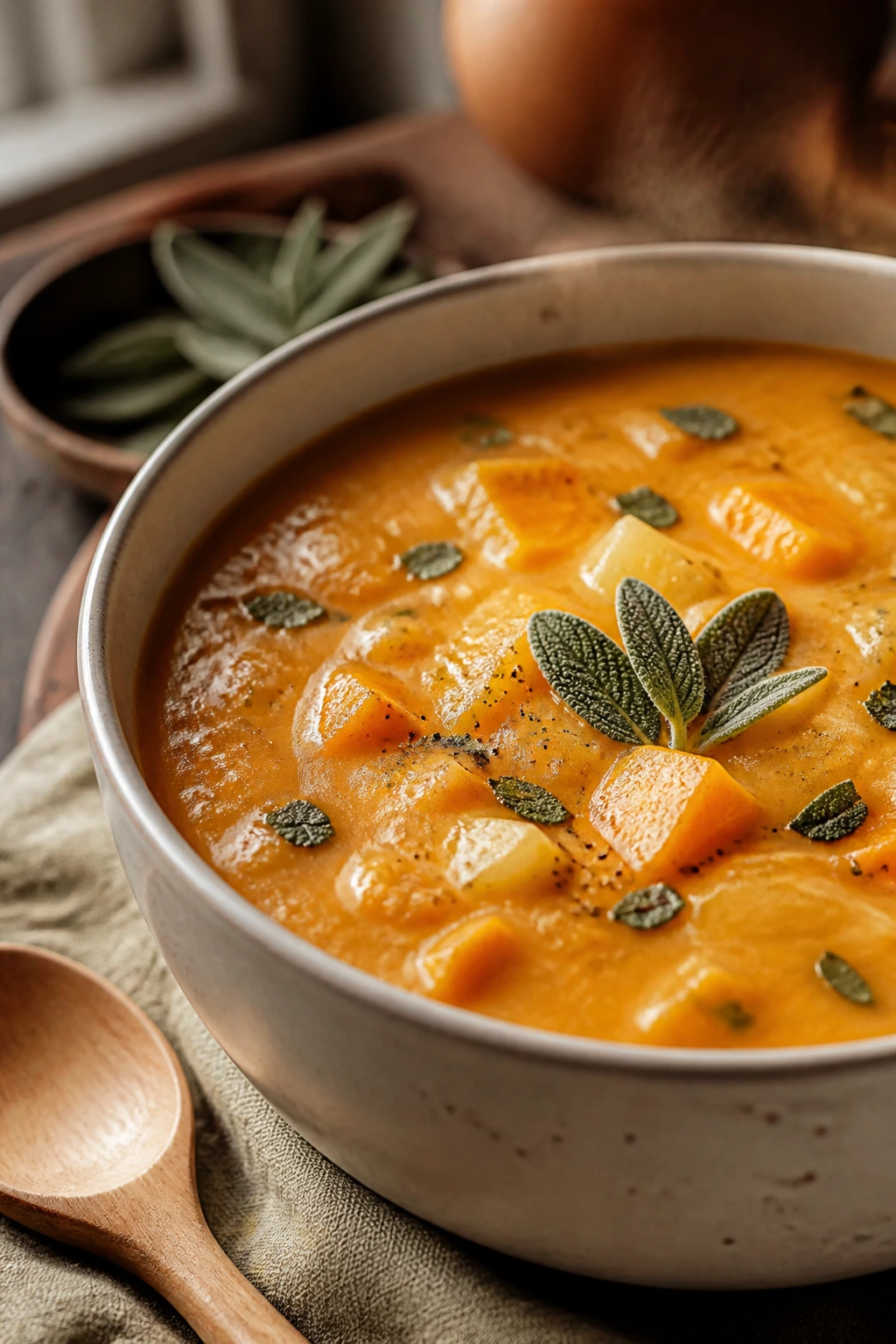 Velvety pumpkin sage chowder in a cream bowl with sage garnish