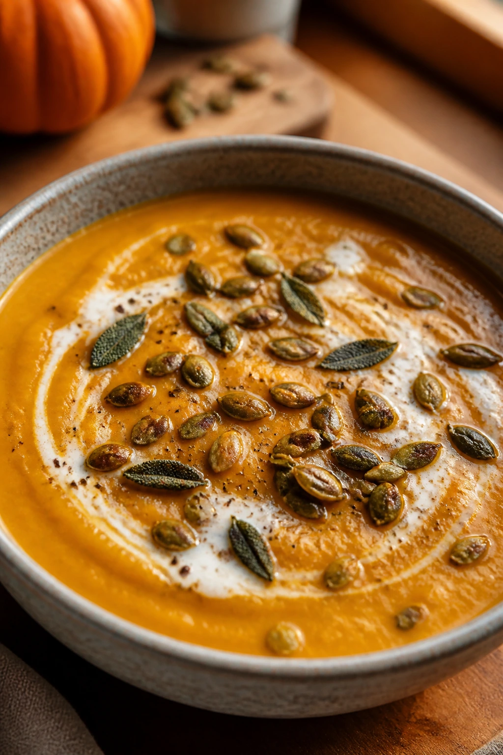 Close-up of pumpkin and sage chowder in a bowl with pumpkin seeds on top