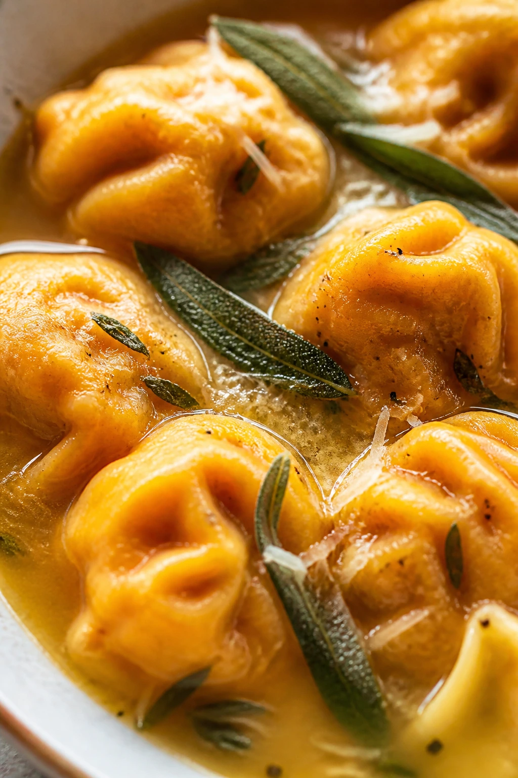 Close-up of pumpkin dumplings with sage in savory broth