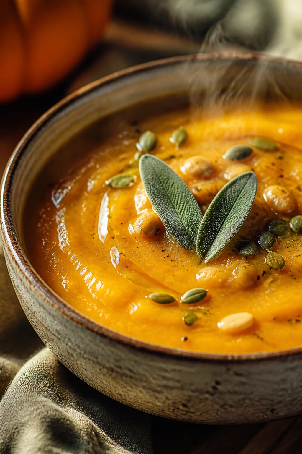 Close-up of pumpkin and sage soup in a rustic bowl with sage garnish