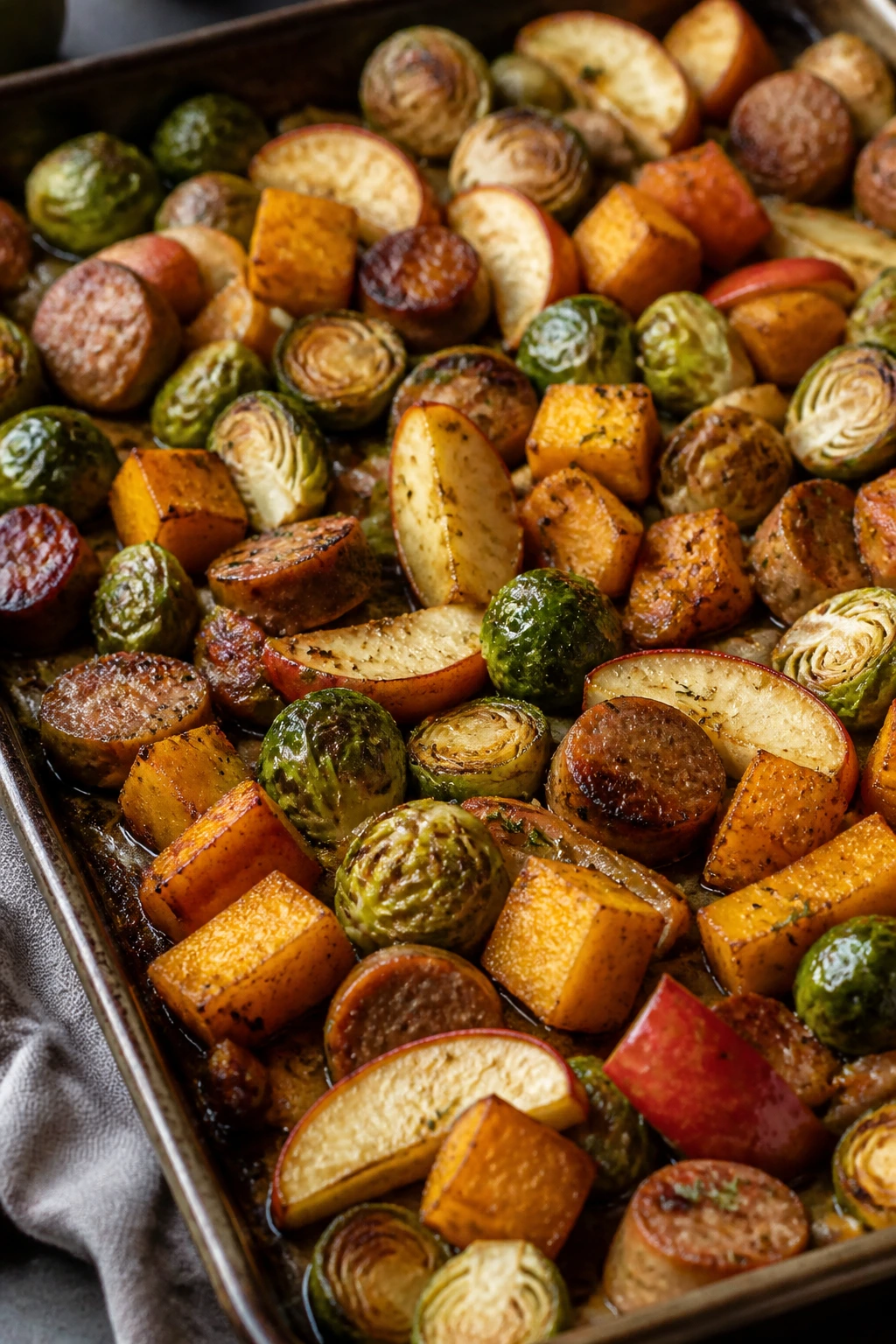 Roasted sheet pan pumpkin sausage dinner with apples and Brussels sprouts