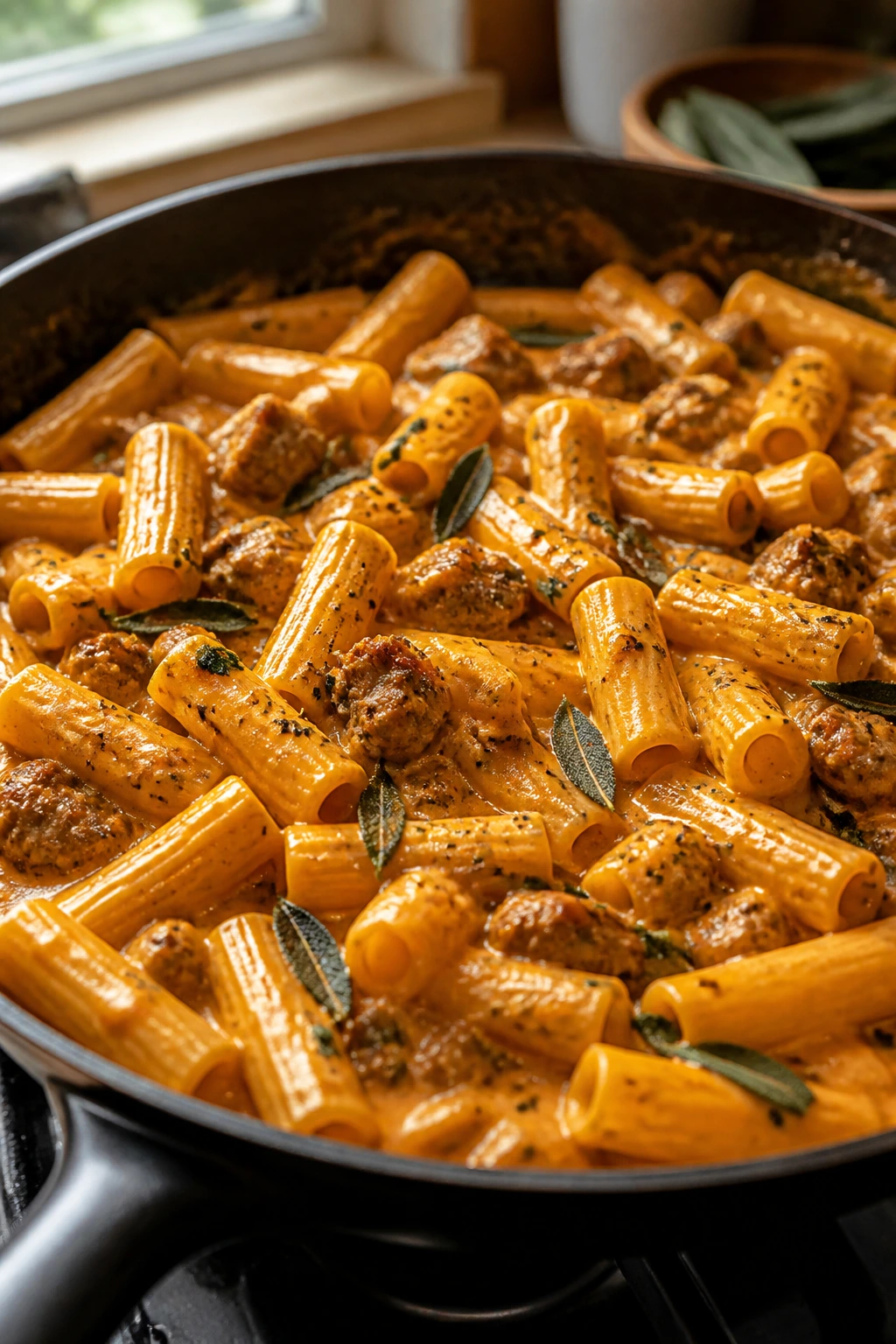 Medium close-up of creamy pumpkin sausage pasta in a skillet with orange sauce and browned sausage.