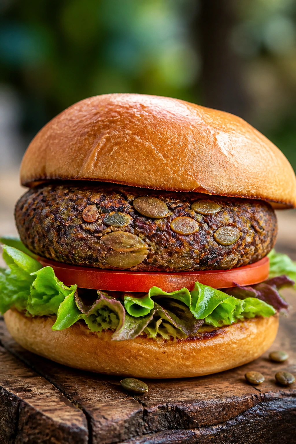 Close-up of pumpkin seed bean burger on a bun with greens