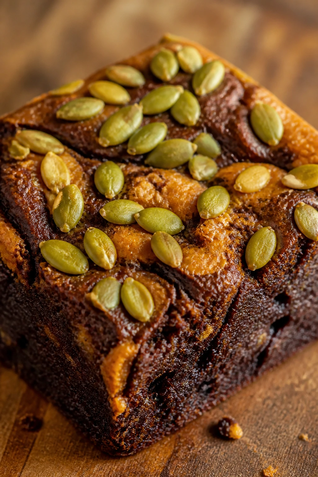 Brownie with pumpkin seeds on top close-up