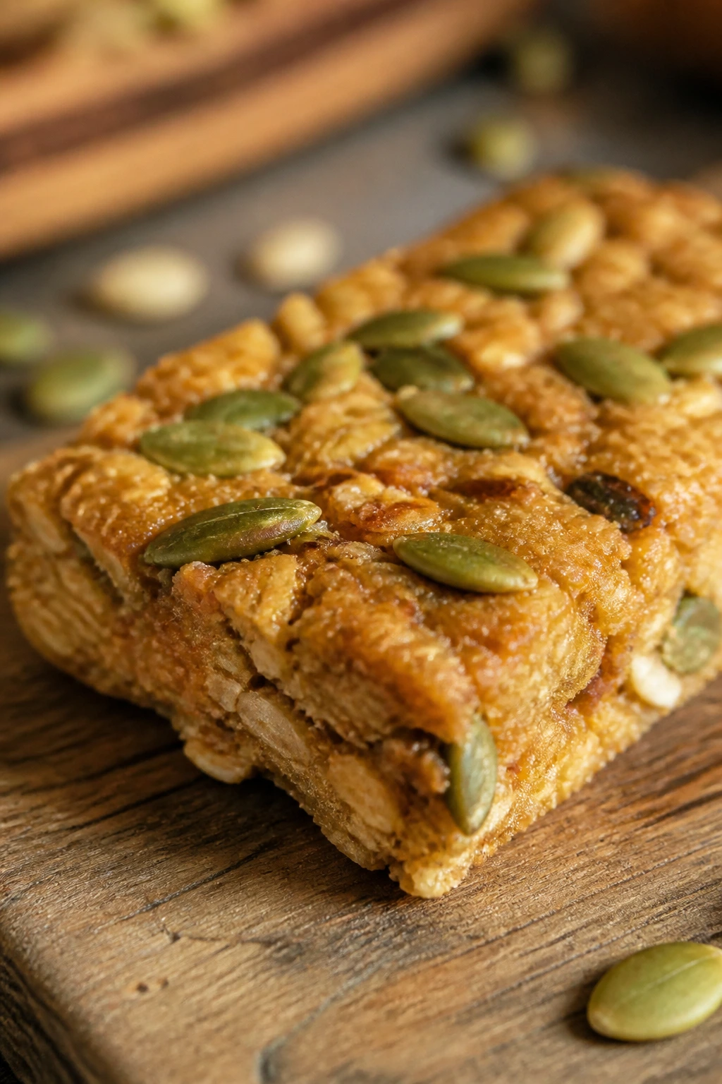 Close-up of pumpkin seed maple protein bar with seeds visible