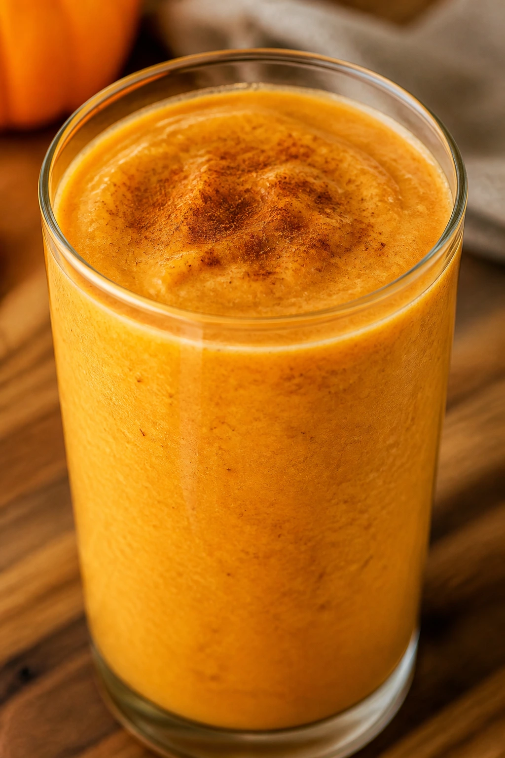 Thick orange Pumpkin Pie Smoothie in glass on wooden counter