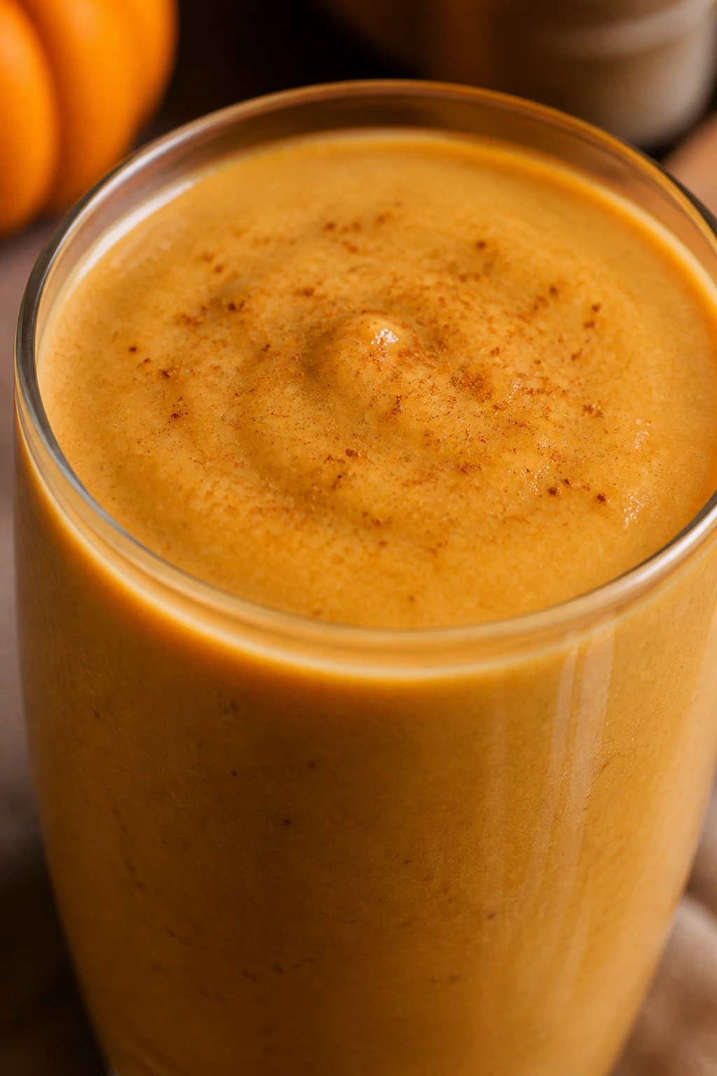 Close-up of orange Pumpkin Pie Protein Smoothie in a glass on an autumn kitchen counter