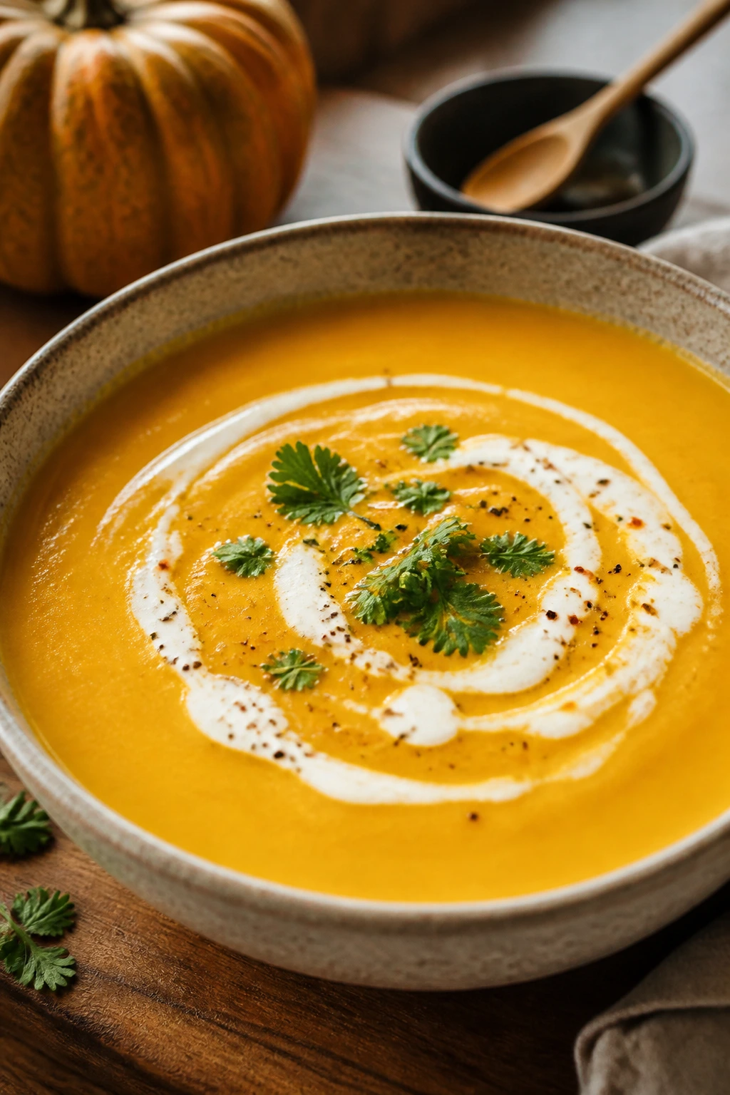 Close-up of pumpkin coconut soup with coconut milk swirl