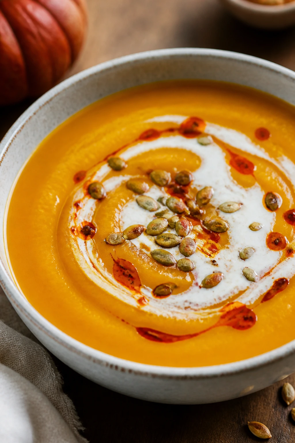 Close-up of Pumpkin Soup with Coconut Milk and Chili Oil in a bowl