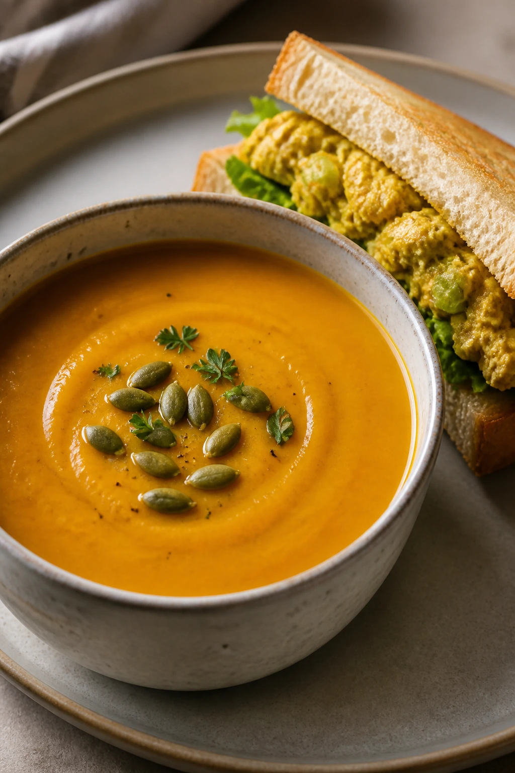Close-up of curried pumpkin soup with chicken salad sandwich on a plate