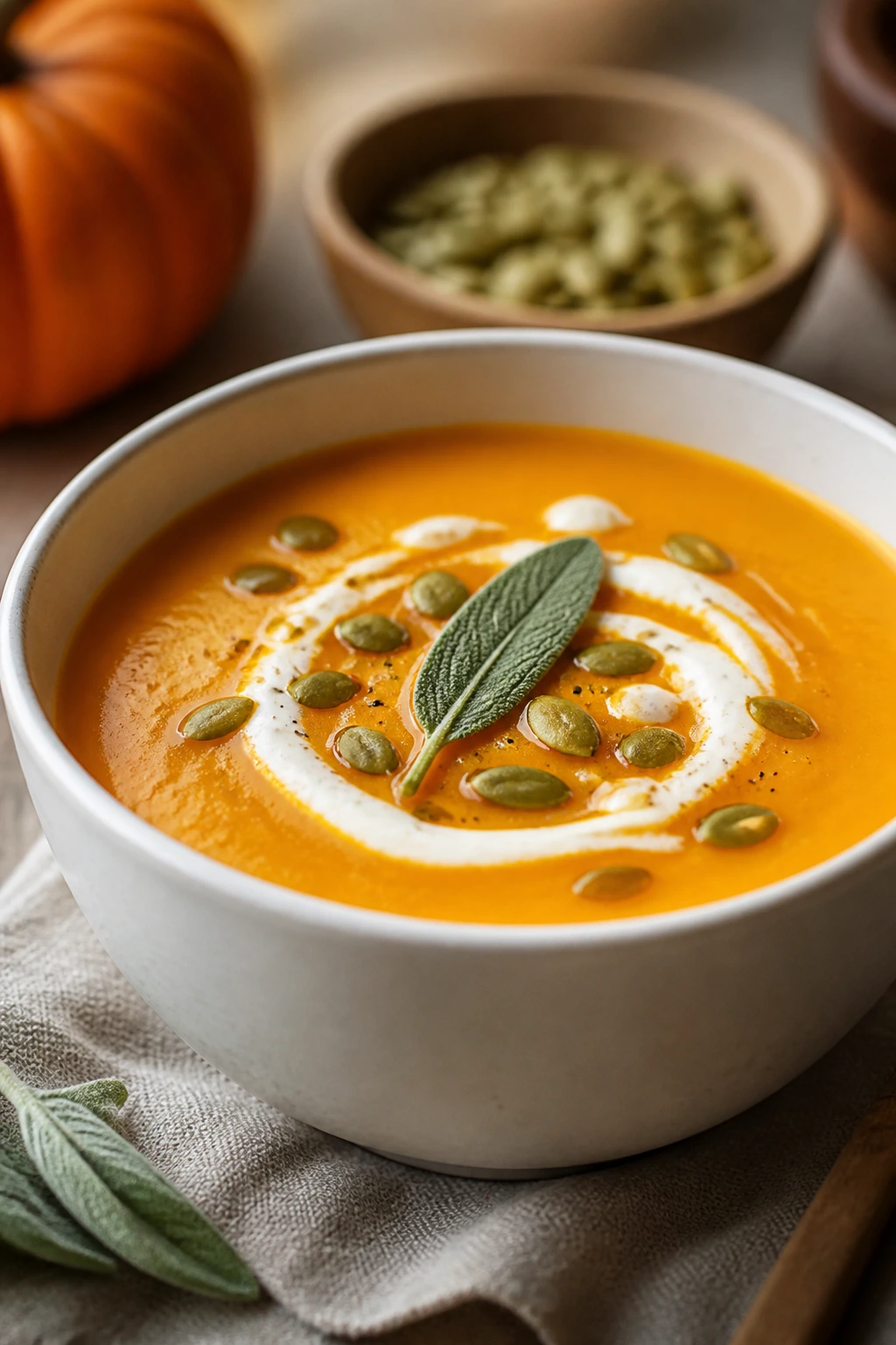 Close-up of Pumpkin Soup with Sage and Pepitas in a white bowl with sage and pepitas