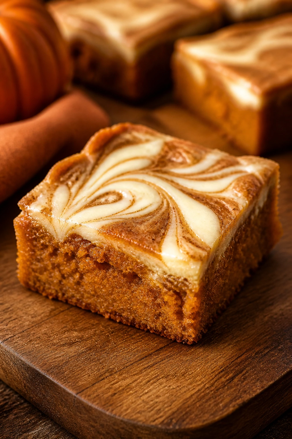 Pumpkin spice bar with cream cheese swirl on wooden board