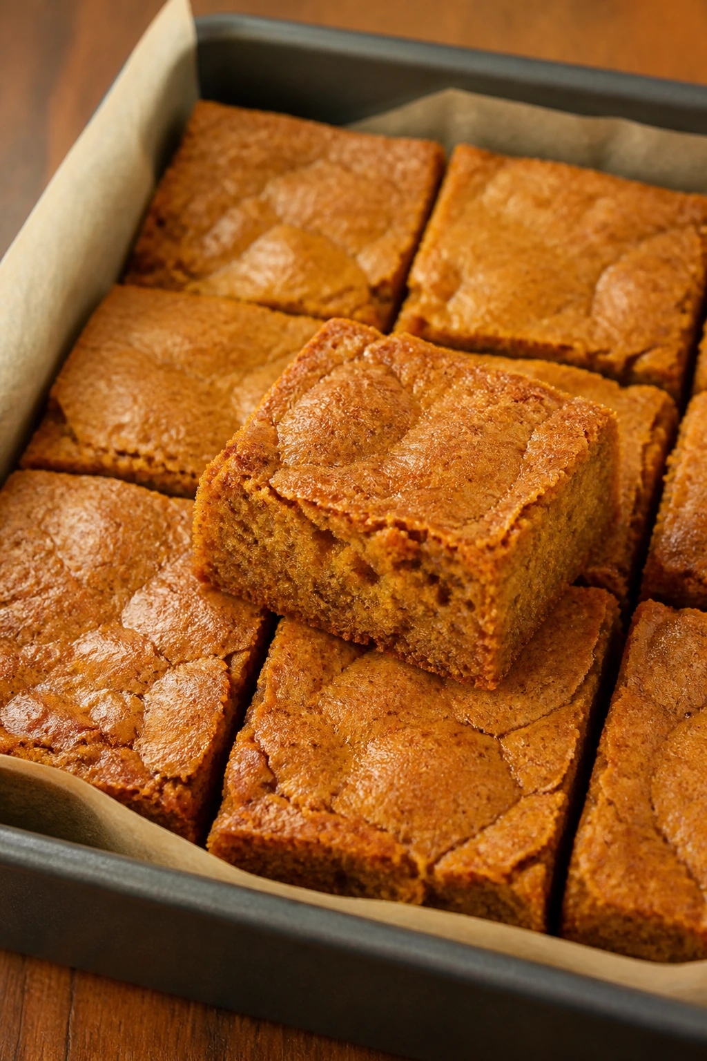 Close-up of pumpkin spice blondies in a lined pan
