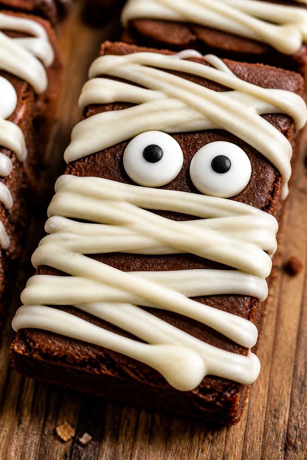 Close-up of pumpkin spice mummy brownie with candy eyes