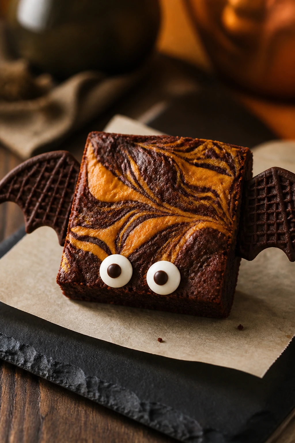 Close-up of a Pumpkin Spice Marble Bat Brownie with pumpkin swirl and wafer wings on parchment