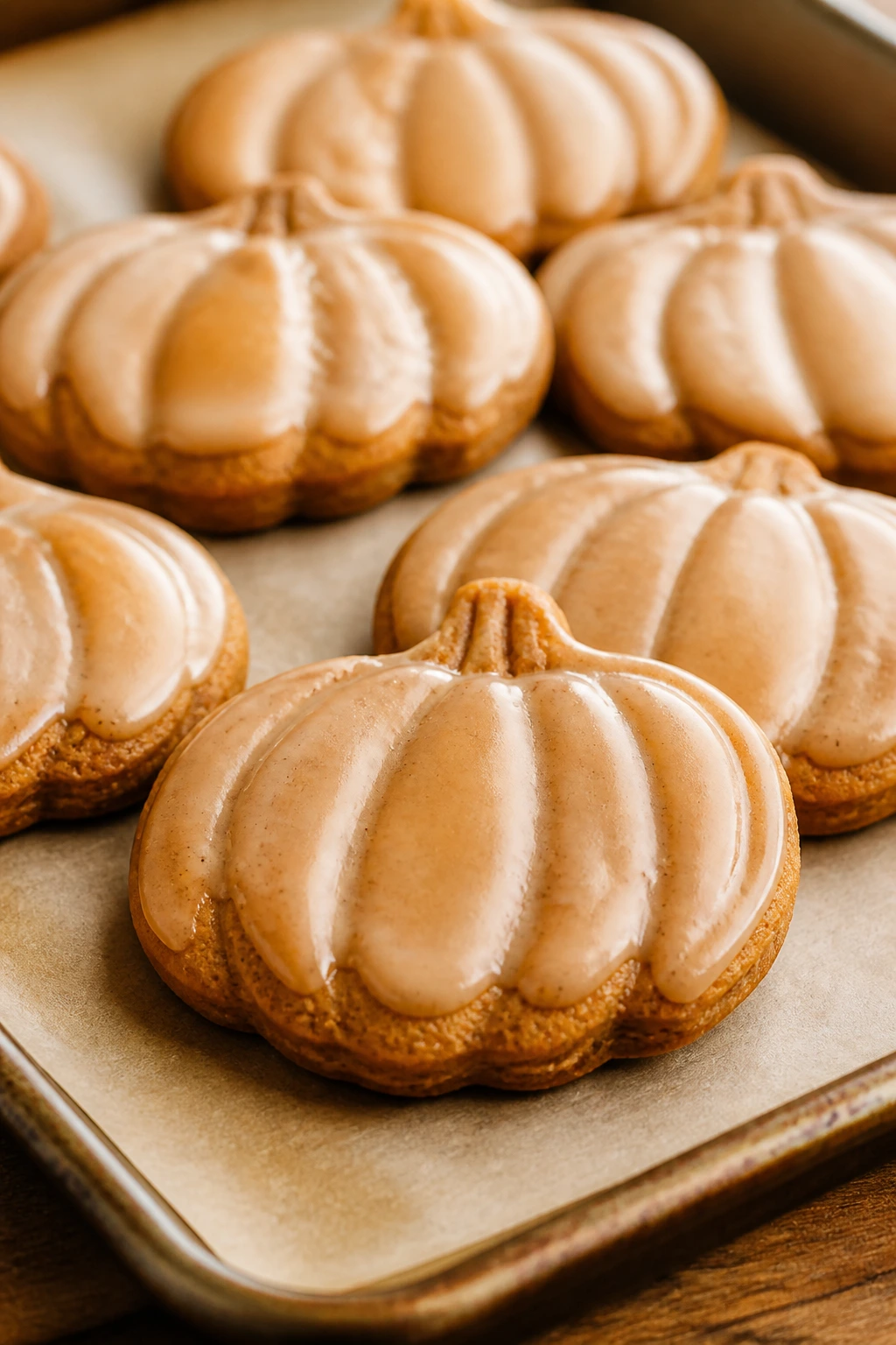 Pumpkin-shaped cookies with glaze on parchment.
