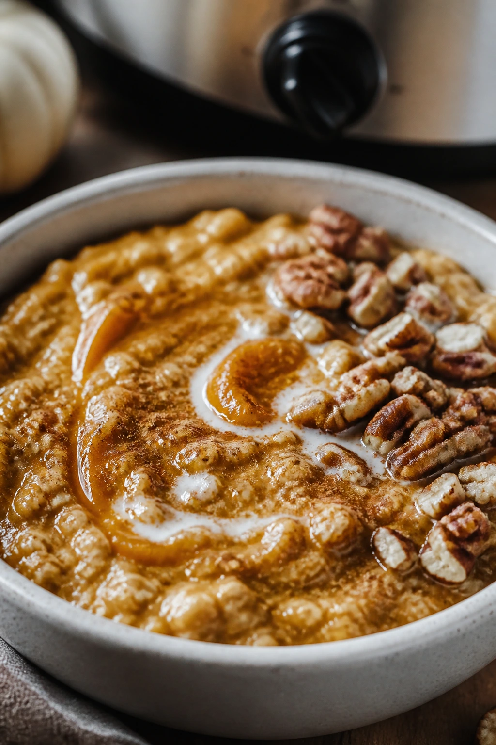 Creamy pumpkin spice oatmeal in a bowl with cinnamon and pecans