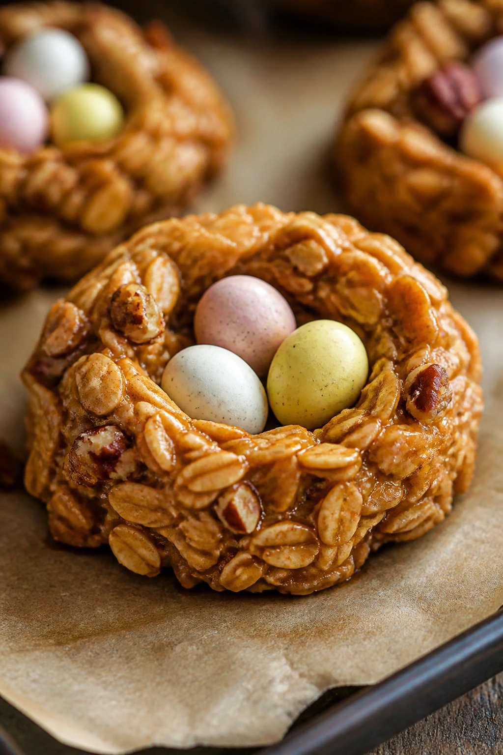 Close-up of a pumpkin spice oat nest cookie with pecans on parchment in autumn kitchen