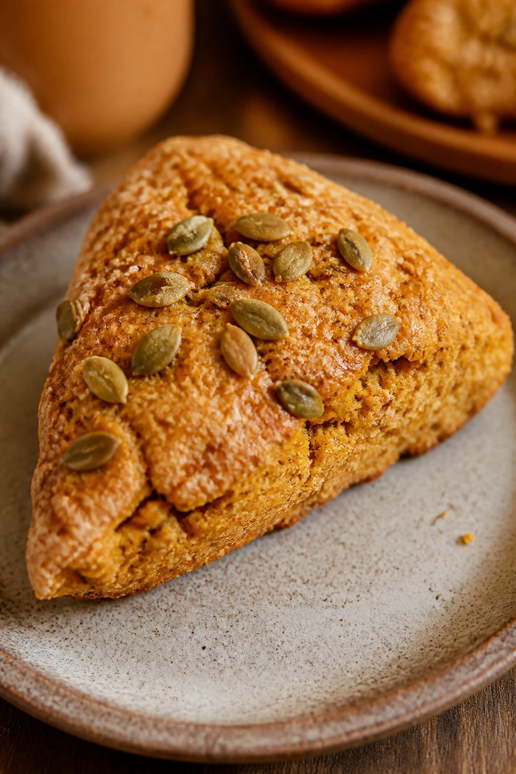 Close-up of a pumpkin spice protein scone wedge with pepitas on a plate