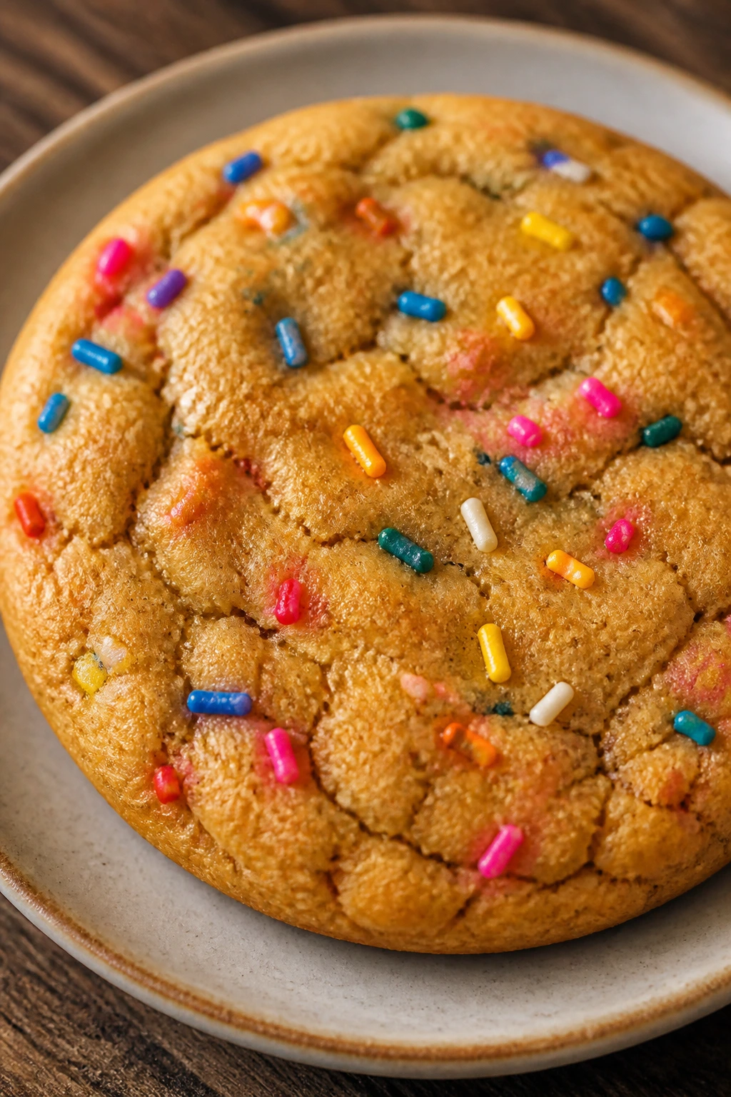 Close-up of pumpkin spice rainbow cookie with orange hue and sprinkles