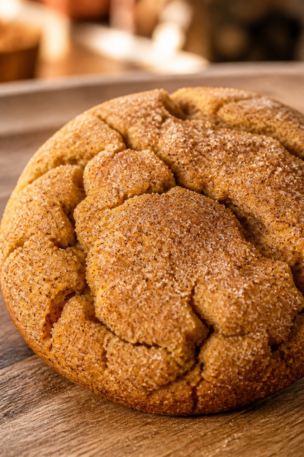 Close-up of pumpkin-spice snickerdoodle on a rustic wood surface