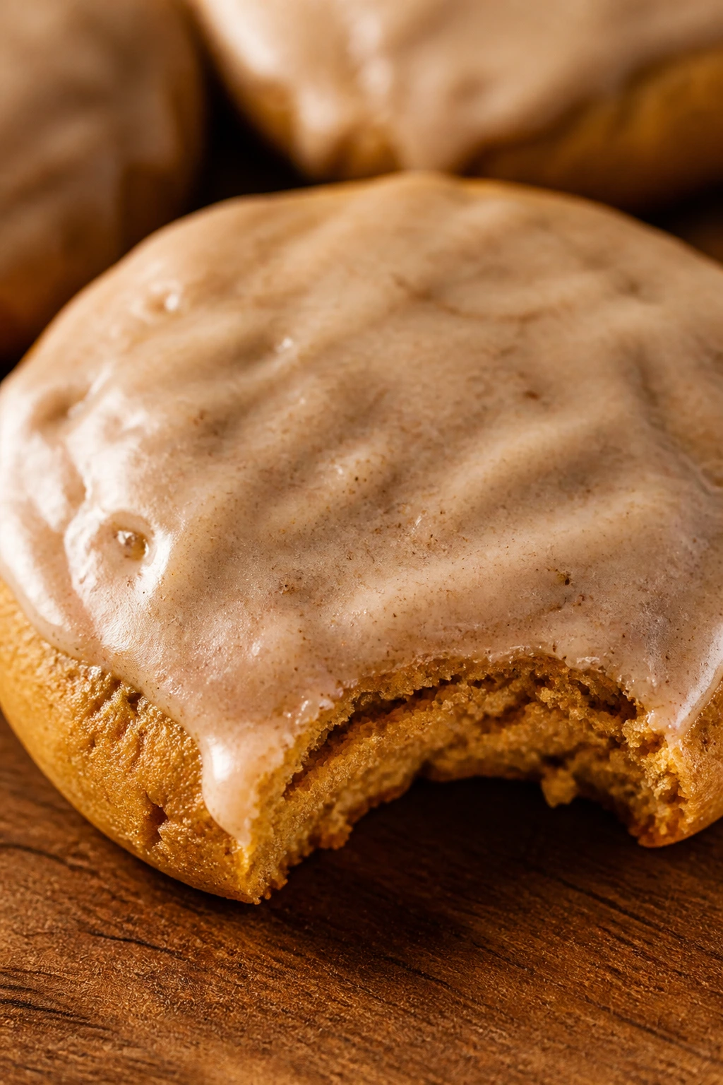 Close-up of a pumpkin spice sugar cookie with glaze in autumn kitchen