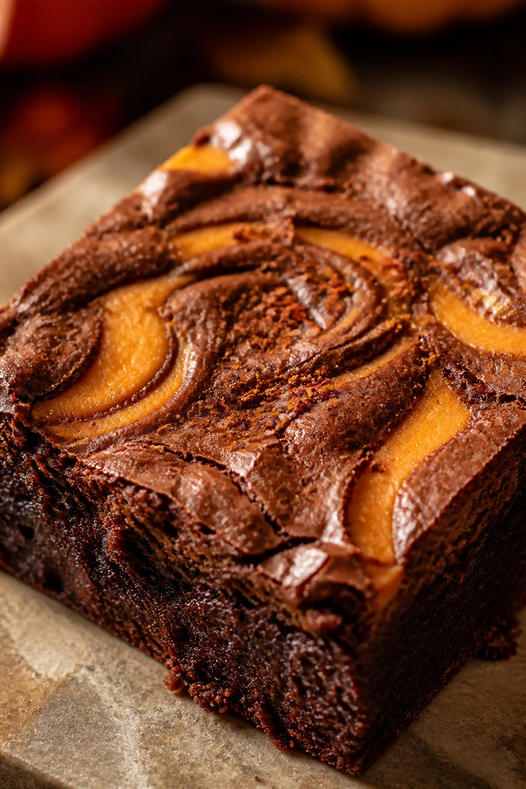 Close-up fudgy brownie with chili mocha pumpkin swirl