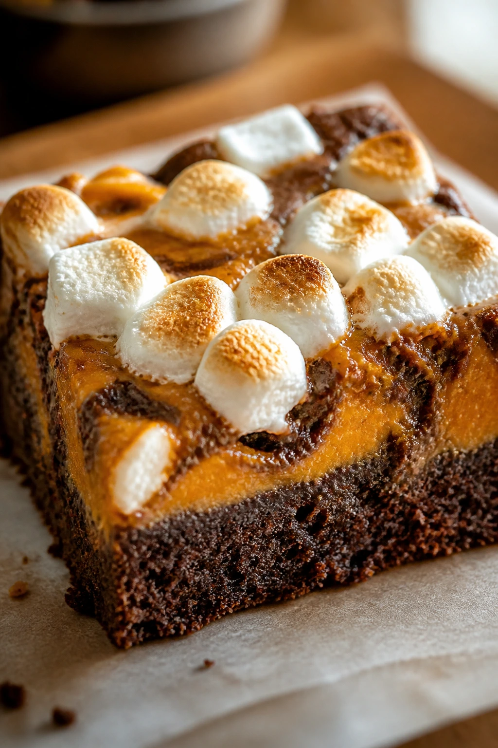 Marshmallow-topped pumpkin swirl brownie close-up
