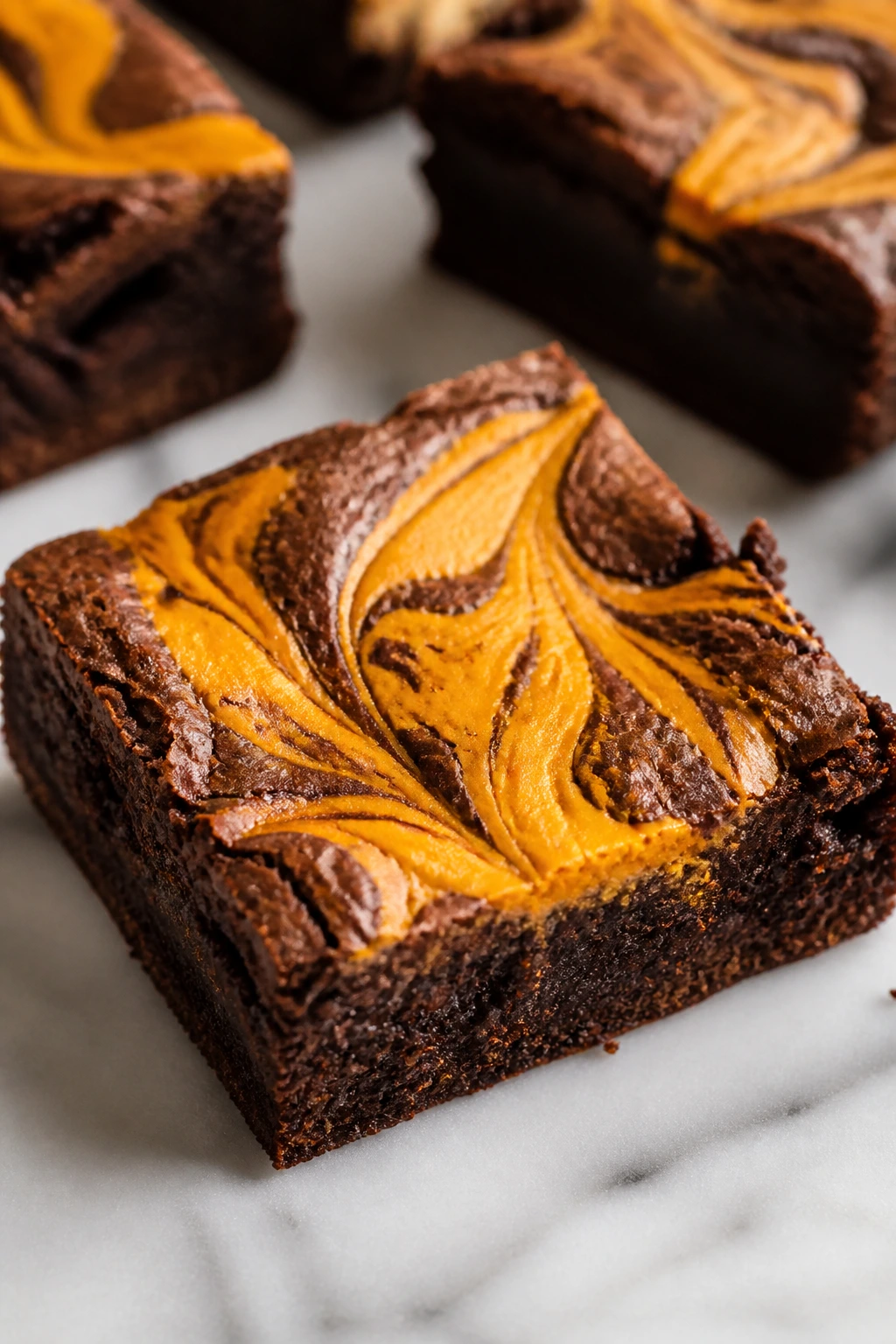 Brownie square with orange pumpkin swirl on top