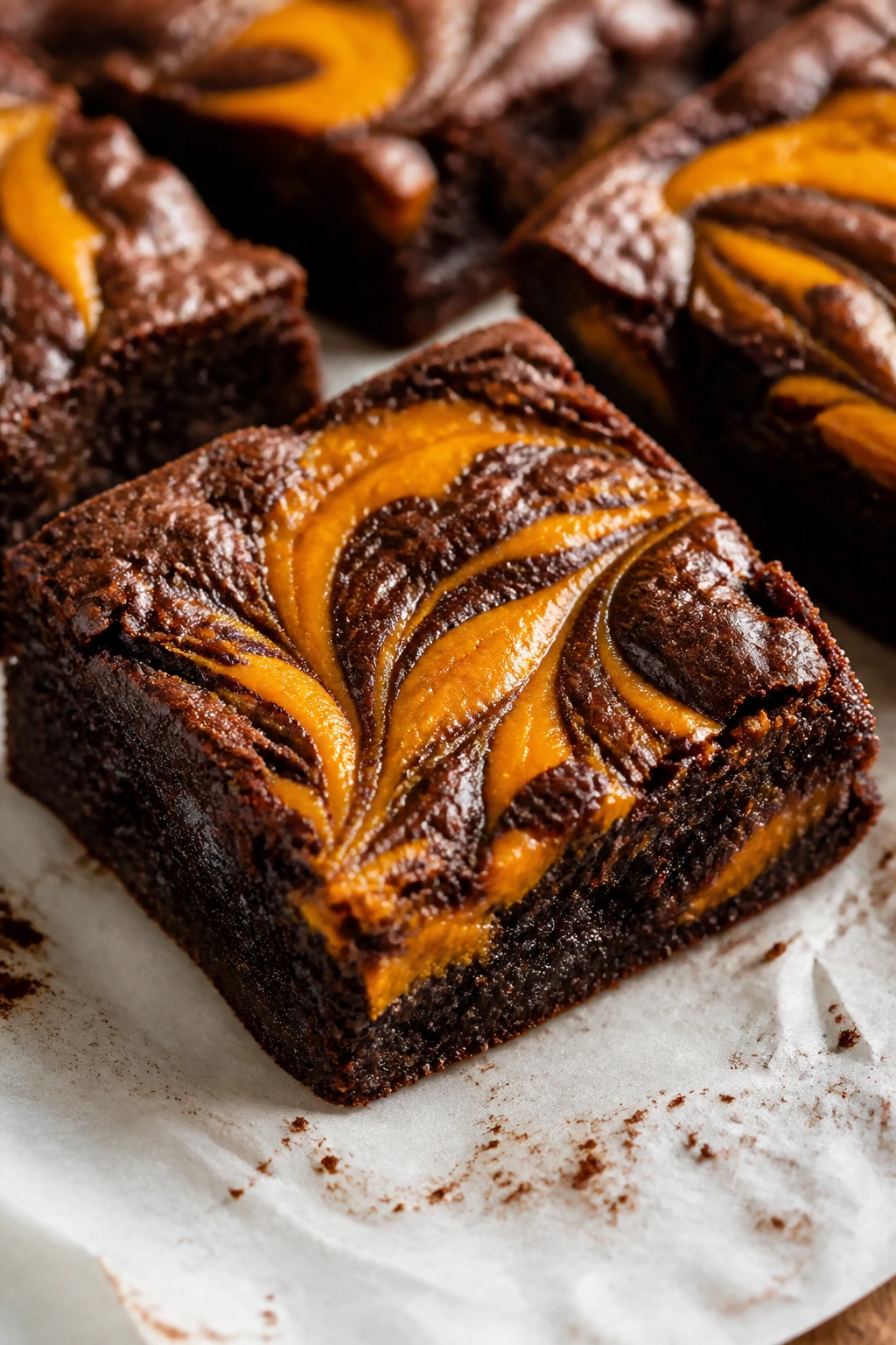 Close-up of brownie slice with orange pumpkin swirl on top