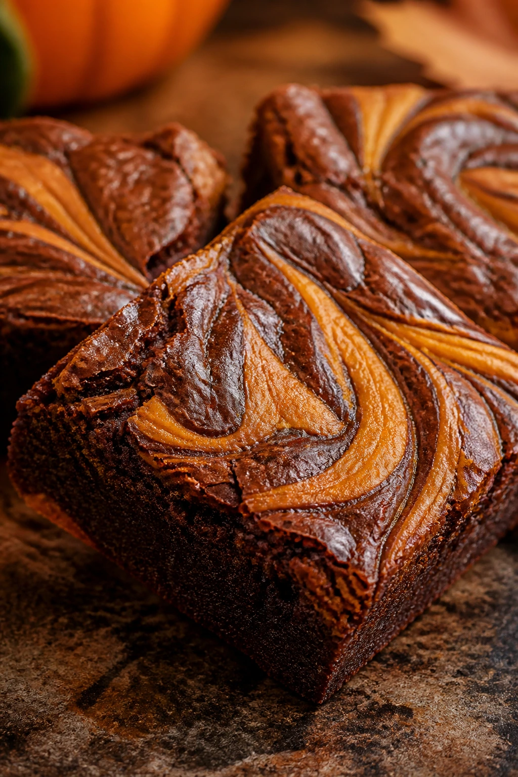 Close-up of Pumpkin Swirl Brownies with pumpkin swirl ribbons