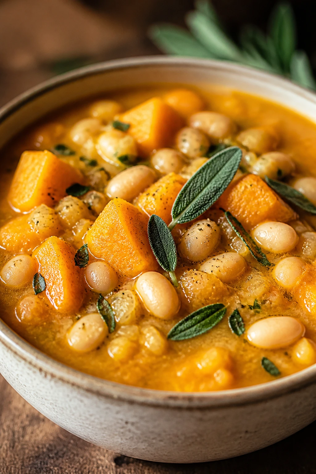 Close-up of pumpkin and white bean sage stew in a rustic bowl
