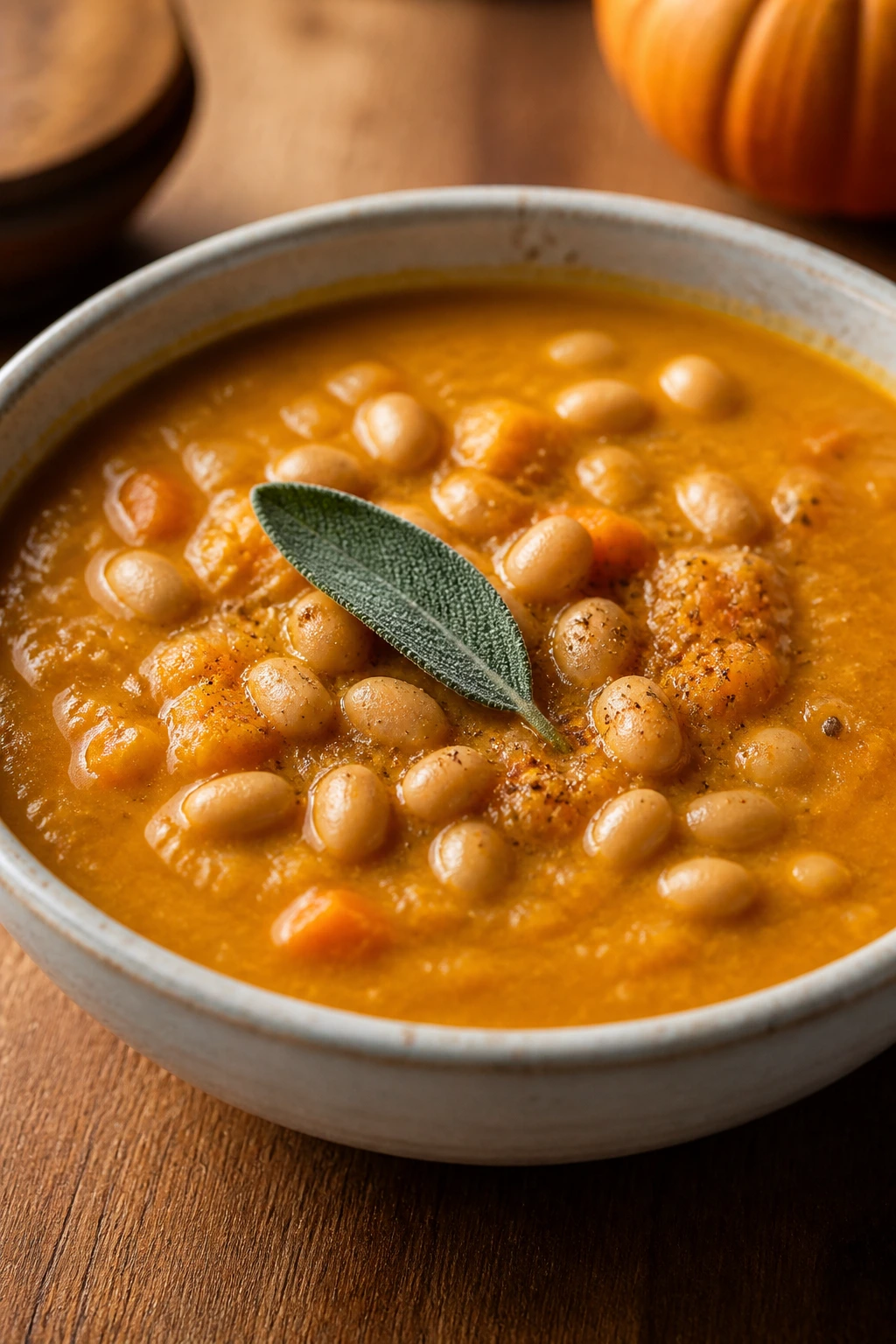 Creamy pumpkin and white bean soup with sage