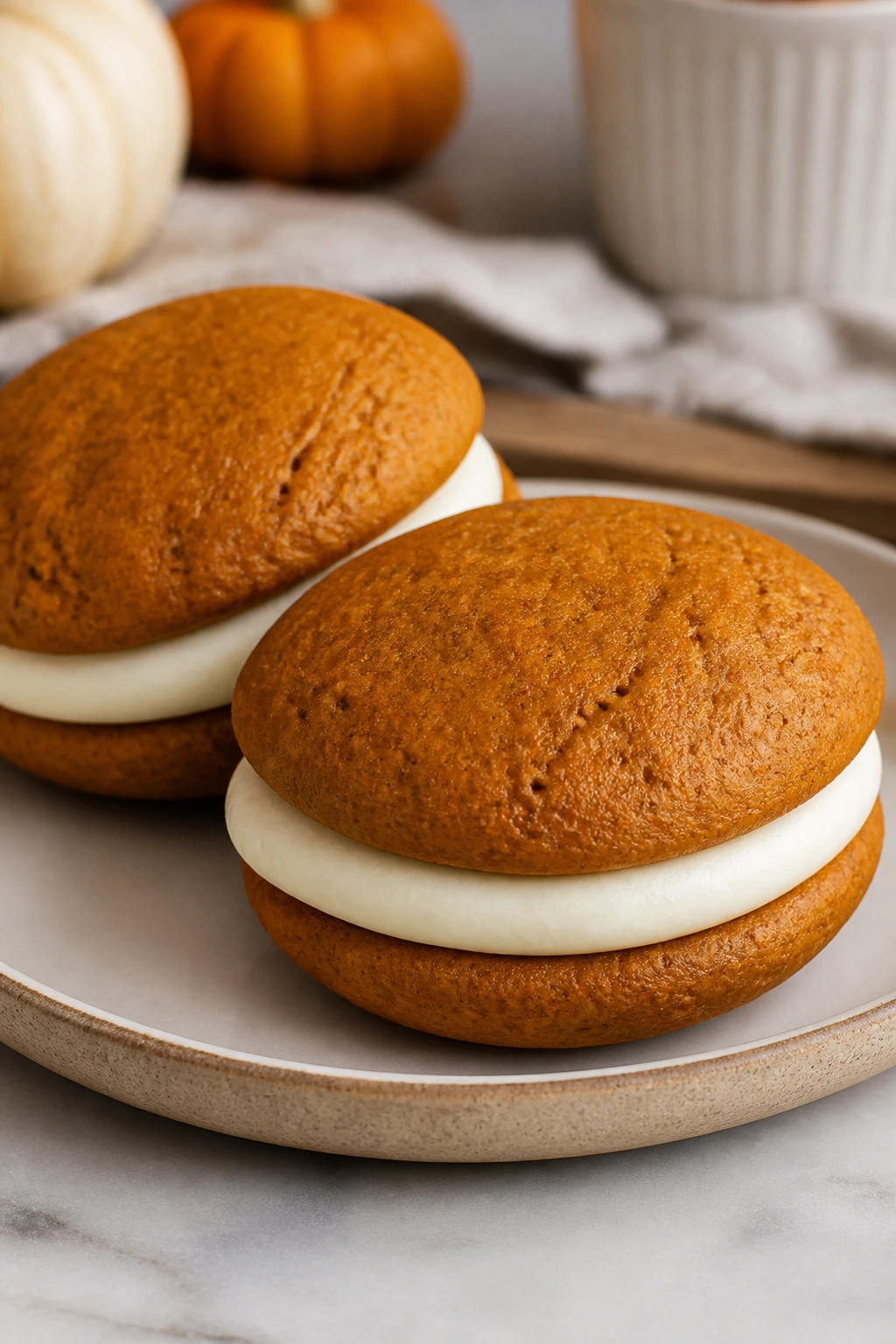 Pumpkin whoopie pies sandwiched with cream cheese filling