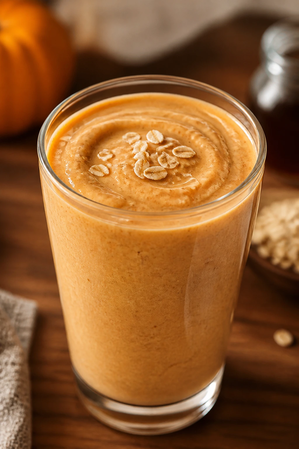 Close-up of Pumpkin Spice Yogurt Smoothie with oats topping