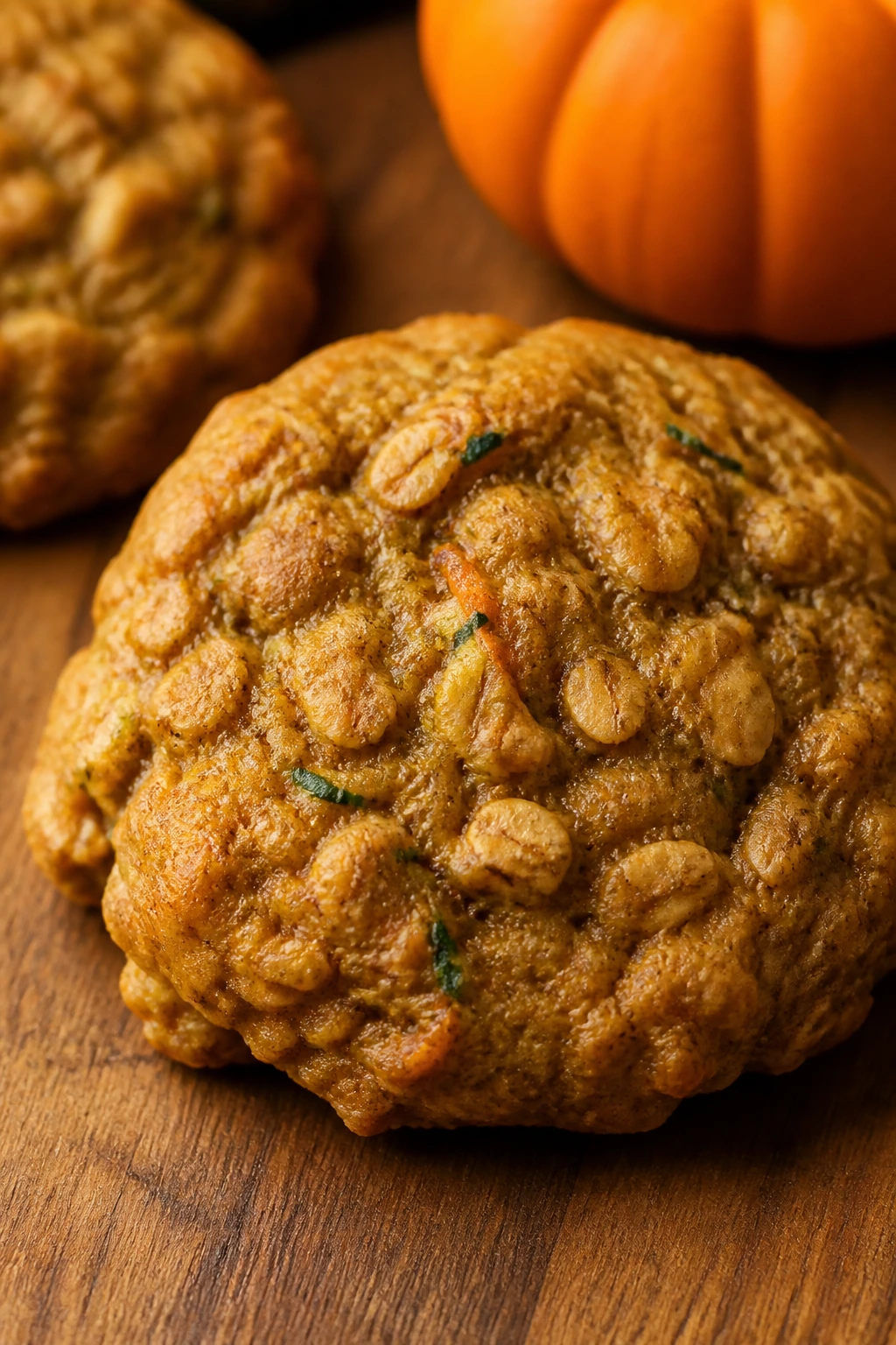Close-up Pumpkin Spice Zucchini Oatmeal Cookie on wood