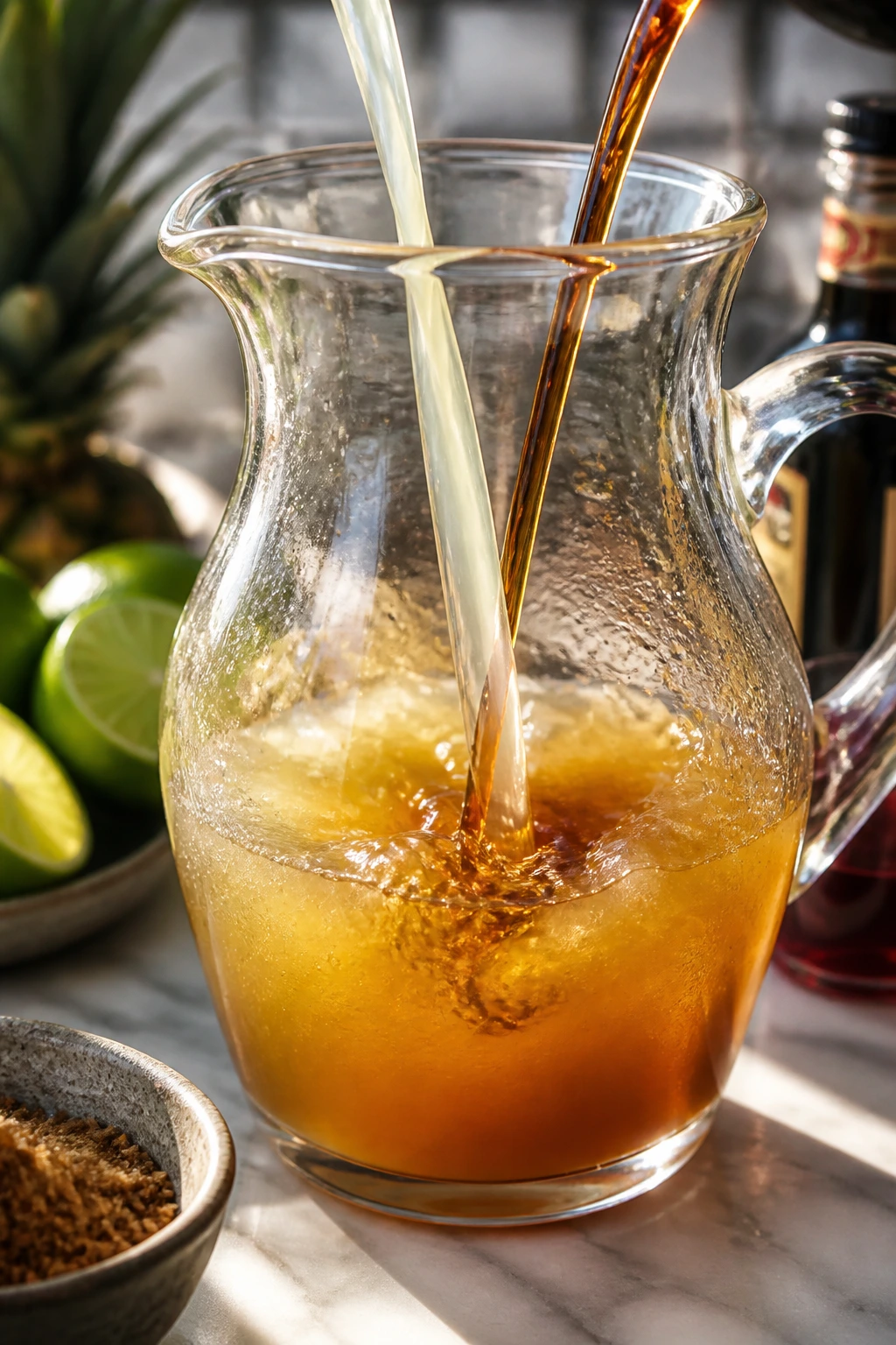 Pitcher with lime juice and syrup mixing in a kitchen