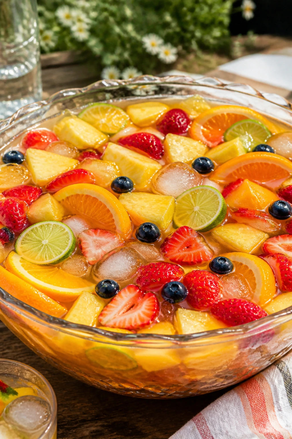 Bright fruit punch bowl with pineapple, orange, lime, berries on sunlit outdoor table.