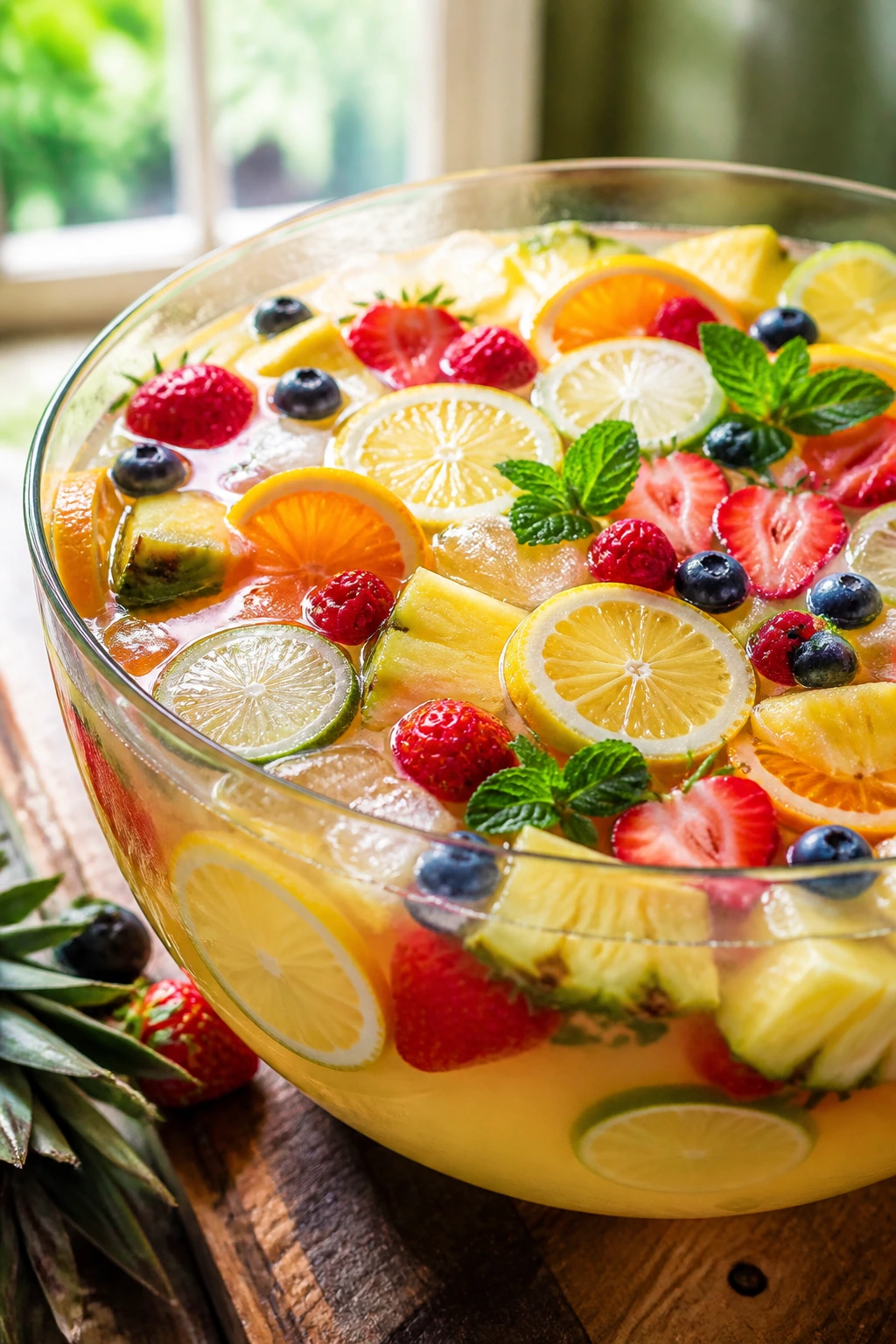 Bright punch bowl with citrus and mint on wooden table