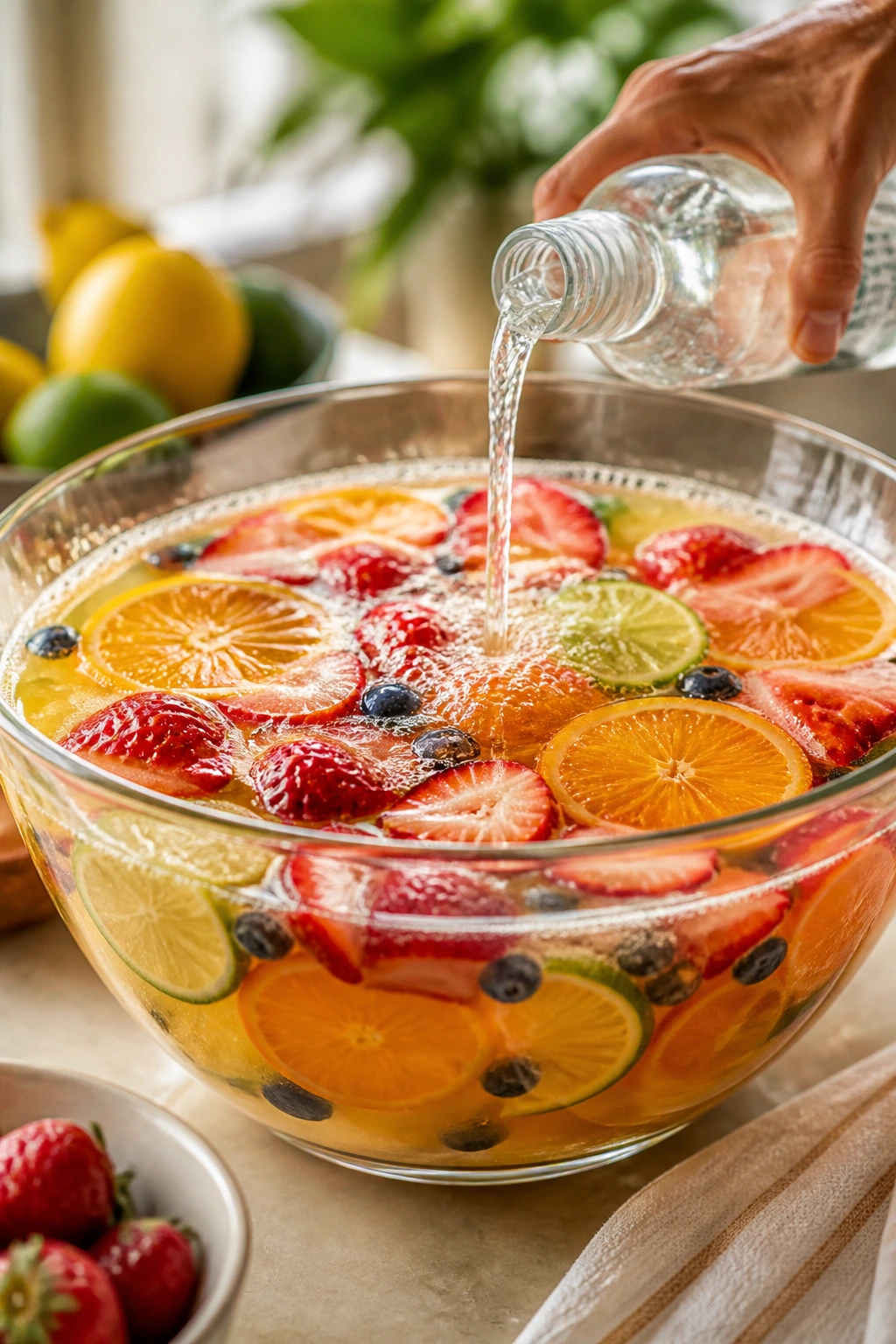 Close-up of fruit-filled punch bowl with sparkling water being added, bright citrus and berries