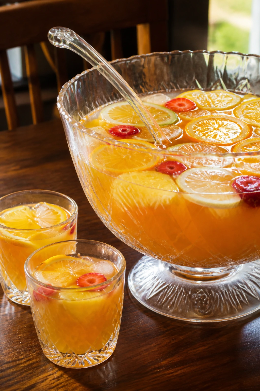 Punch bowl with ladle and two glasses on a wooden table