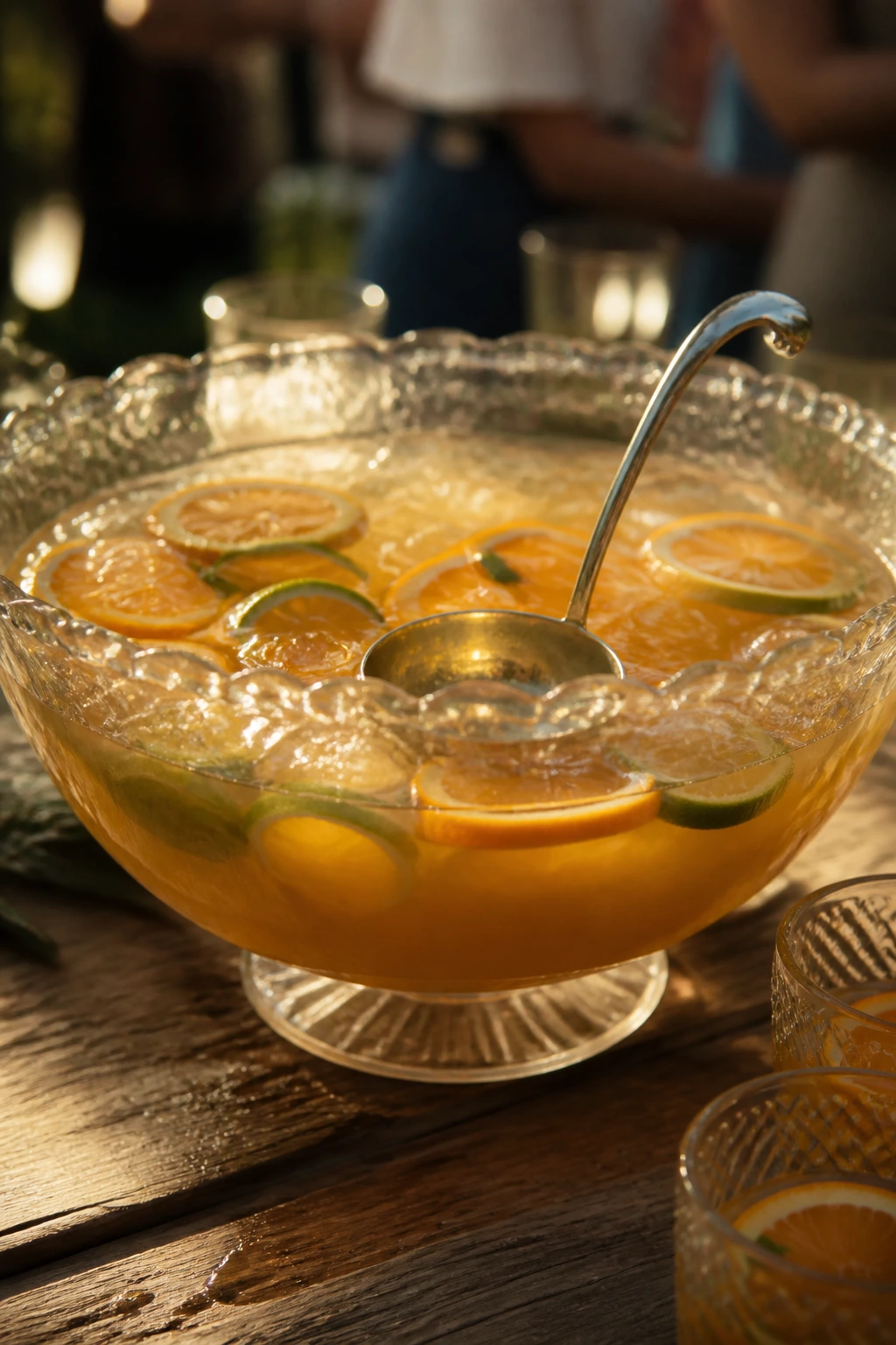 Punch bowl filled with rum punch on a wooden table, no shaker