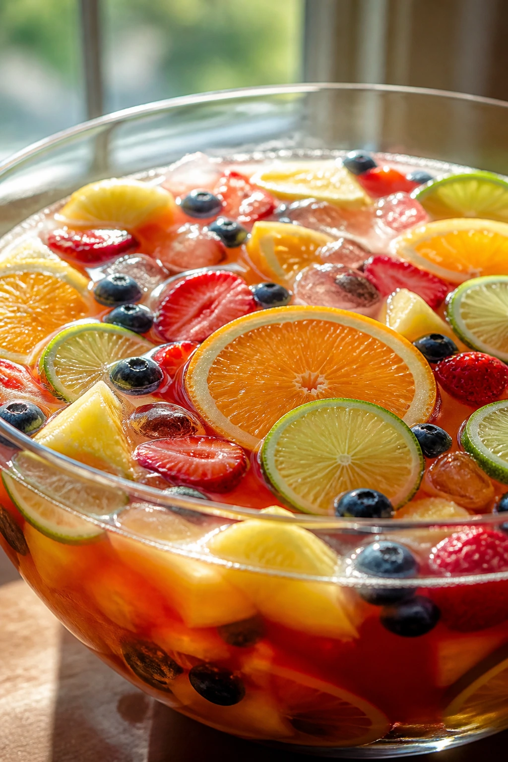 Generous-looking punch bowl with citrus and berries in bright kitchen light