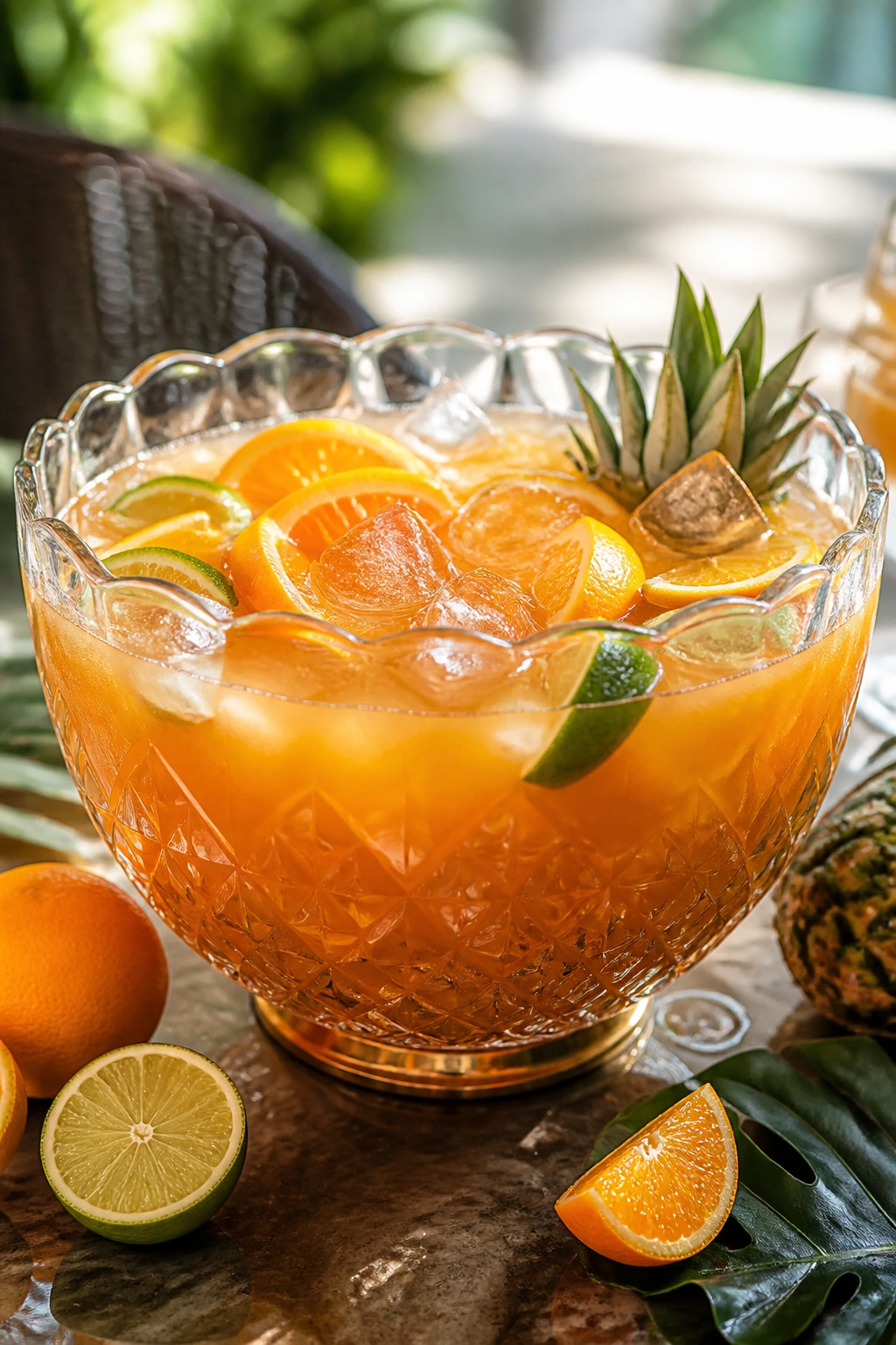 Large tropical rum punch bowl on a sunny outdoor table with ice and citrus