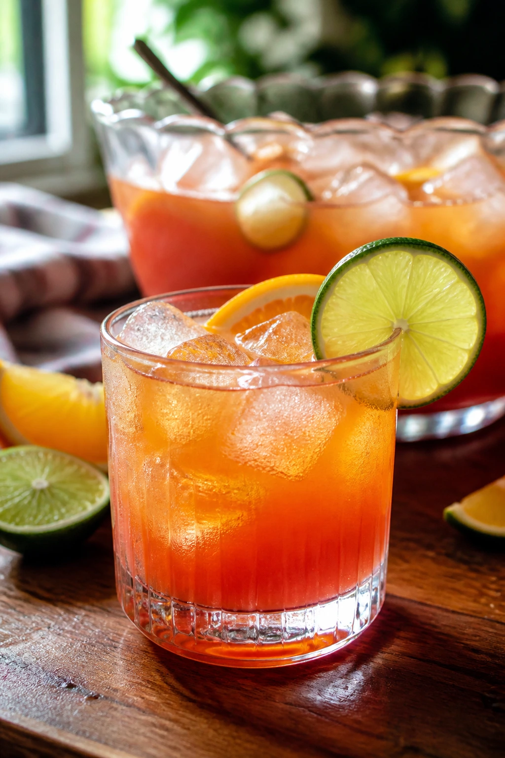 Chilled rum punch in a glass with lime wheel and orange slice